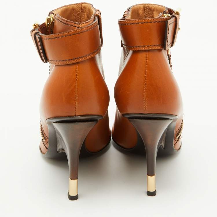 Pre Owned Giuseppe Zanotti Tan Leather Buckle Detail Ankle Length Boots Size 37.5