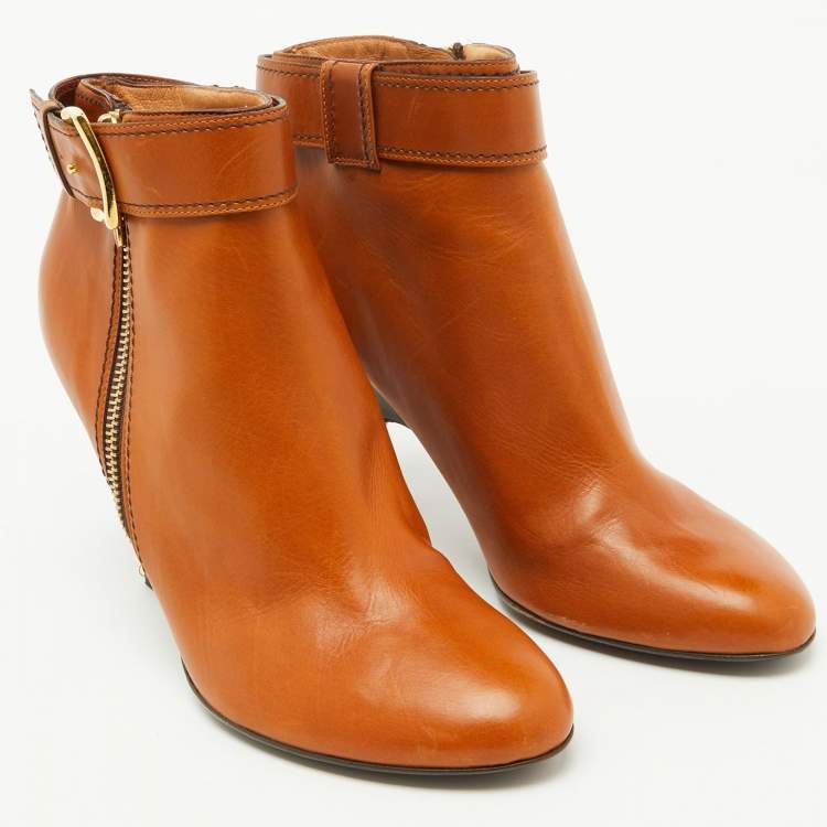 Pre Owned Giuseppe Zanotti Tan Leather Buckle Detail Ankle Length Boots Size 37.5