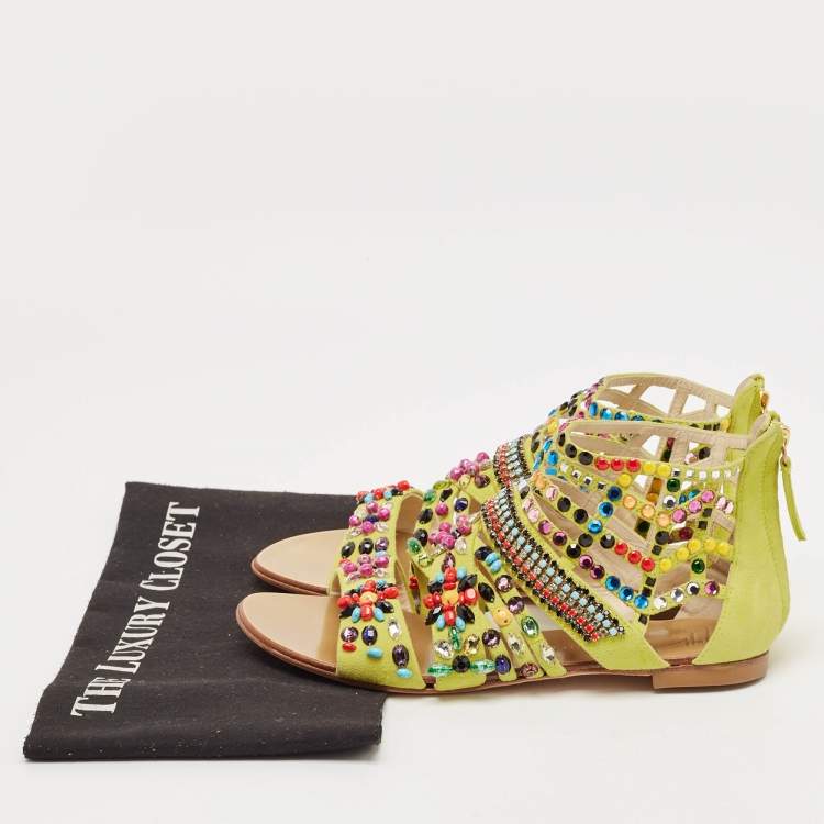 Pre Owned Giuseppe Zanotti Yellow Suede Crystal Embellished Gladiator Flat Sandals Size 36