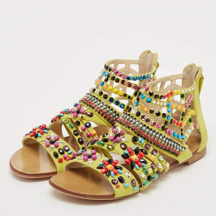 Pre Owned Giuseppe Zanotti Yellow Suede Crystal Embellished Gladiator Flat Sandals Size 36