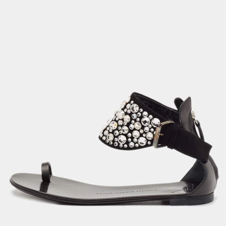 Pre Owned Giuseppe Zanotti Black Suede and Leather Crystal Embellished Ankle Wrap Flat Sandals Size 36