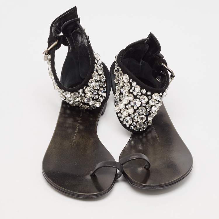 Pre Owned Giuseppe Zanotti Black Suede and Leather Crystal Embellished Ankle Wrap Flat Sandals Size 36