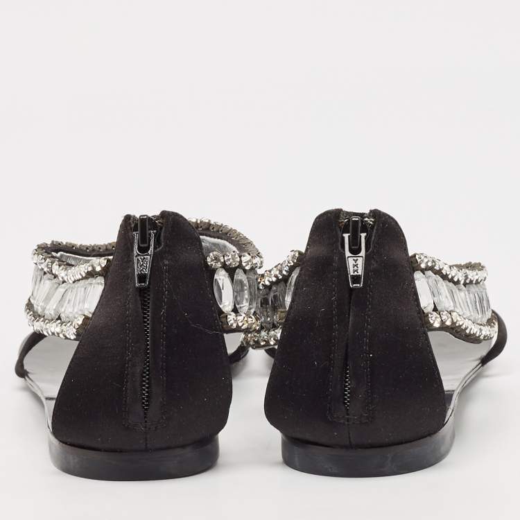 Pre Owned Giuseppe Zanotti Black Satin Crystal Embellished Ankle Strap Flat Sandals Size 36.5