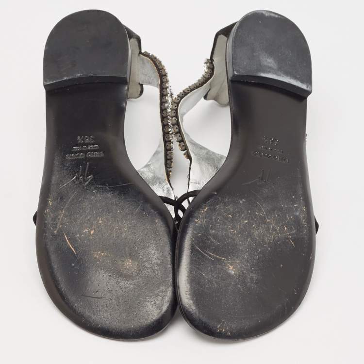Pre Owned Giuseppe Zanotti Black Satin Crystal Embellished Ankle Strap Flat Sandals Size 36.5