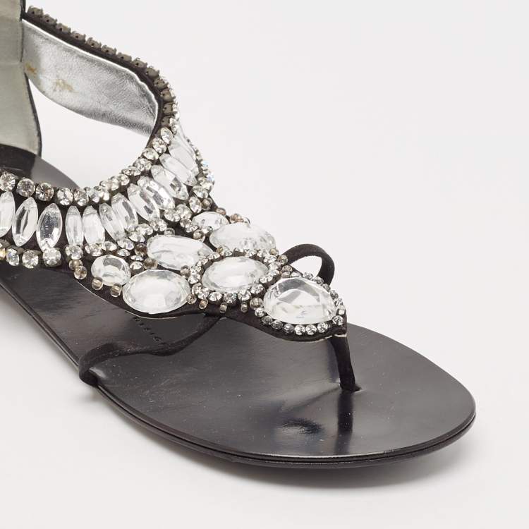 Pre Owned Giuseppe Zanotti Black Satin Crystal Embellished Ankle Strap Flat Sandals Size 36.5