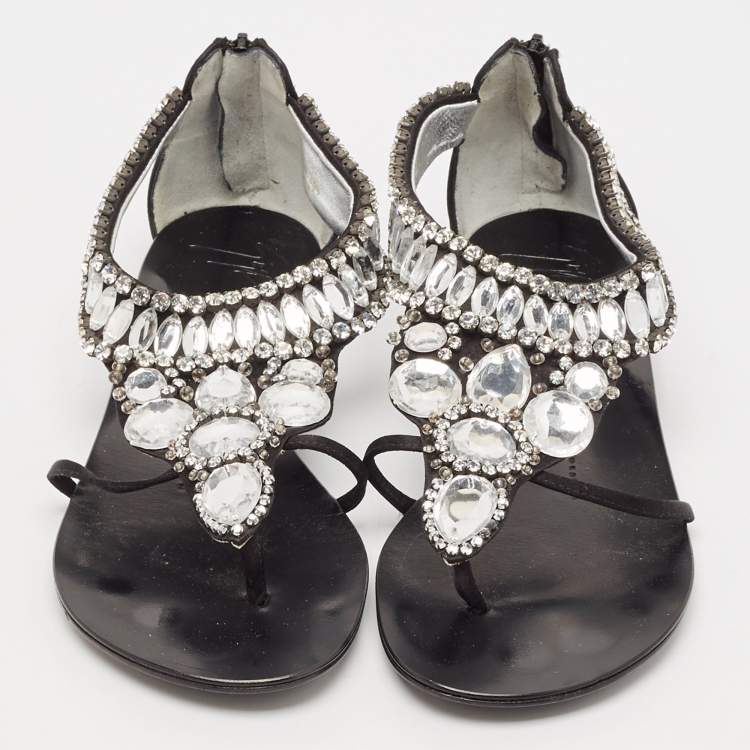 Pre Owned Giuseppe Zanotti Black Satin Crystal Embellished Ankle Strap Flat Sandals Size 36.5