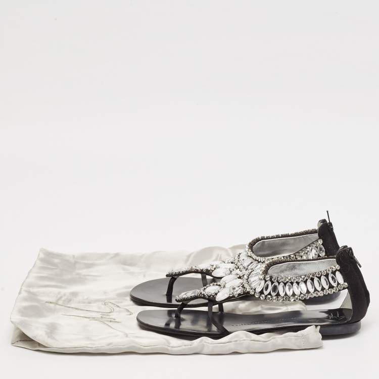 Pre Owned Giuseppe Zanotti Black Satin Crystal Embellished Ankle Strap Flat Sandals Size 36.5