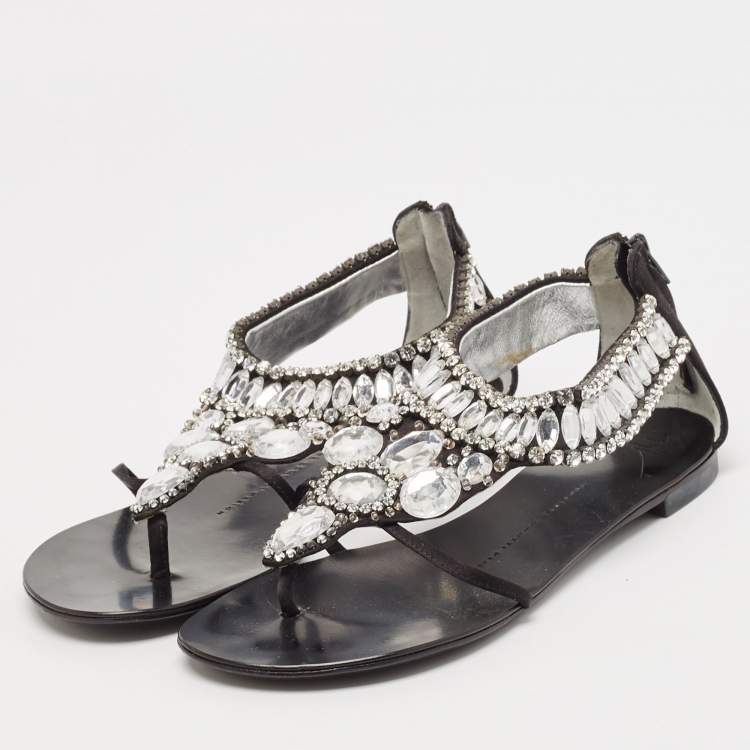Pre Owned Giuseppe Zanotti Black Satin Crystal Embellished Ankle Strap Flat Sandals Size 36.5