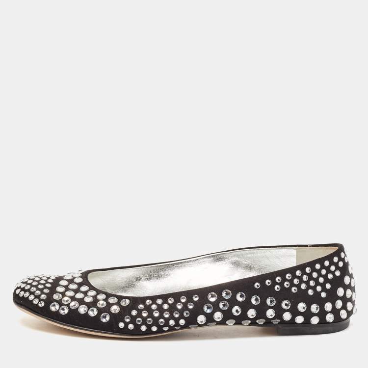 Pre Owned Giuseppe Zanotti Black Satin Crystal Embellished Ballet Flats Size 36