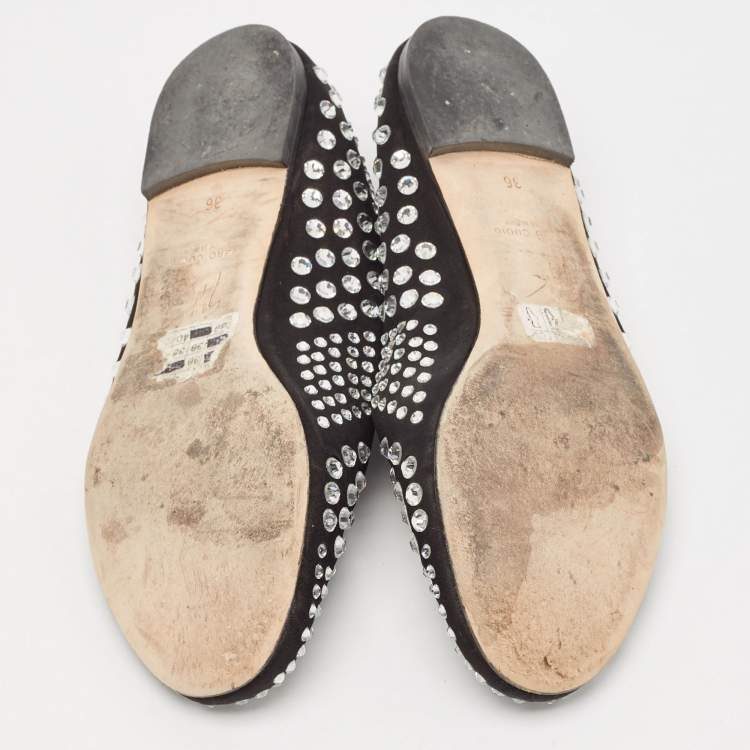 Pre Owned Giuseppe Zanotti Black Satin Crystal Embellished Ballet Flats Size 36
