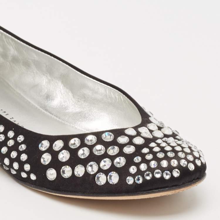 Pre Owned Giuseppe Zanotti Black Satin Crystal Embellished Ballet Flats Size 36