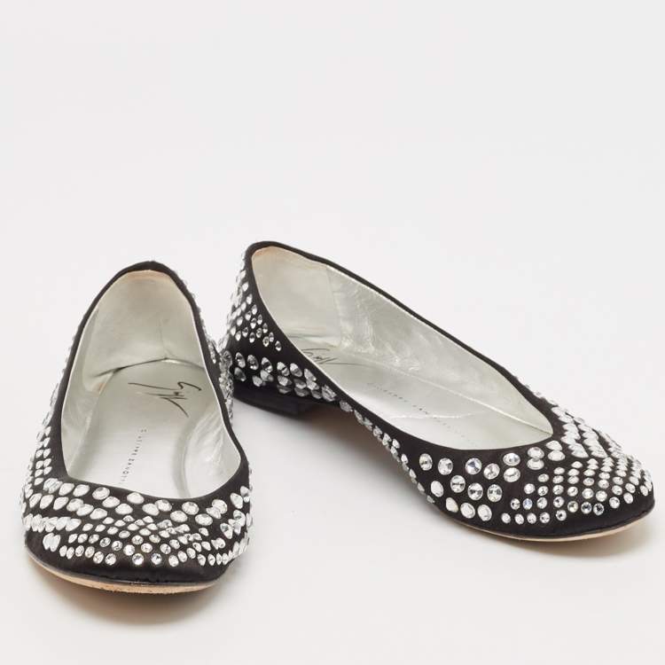 Pre Owned Giuseppe Zanotti Black Satin Crystal Embellished Ballet Flats Size 36