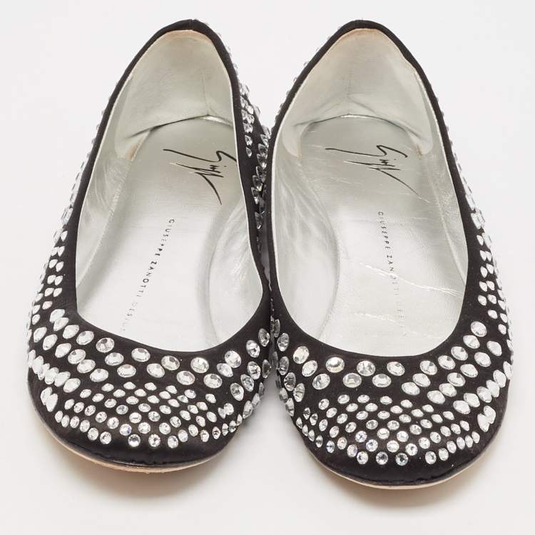 Pre Owned Giuseppe Zanotti Black Satin Crystal Embellished Ballet Flats Size 36