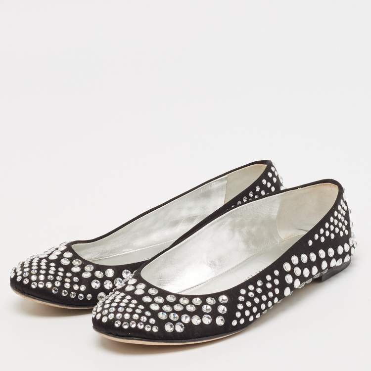 Pre Owned Giuseppe Zanotti Black Satin Crystal Embellished Ballet Flats Size 36