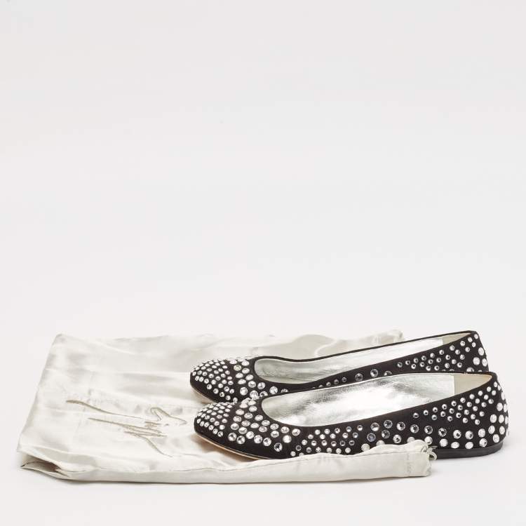 Pre Owned Giuseppe Zanotti Black Satin Crystal Embellished Ballet Flats Size 36
