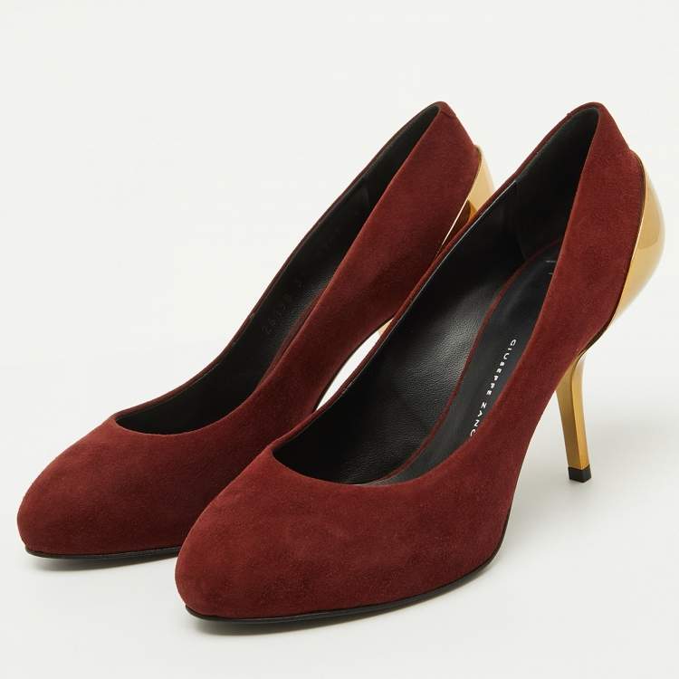 Pre Owned Giuseppe Zanotti Burgundy Suede Metal Heel Platform Pumps Size 37