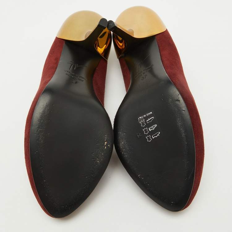 Pre Owned Giuseppe Zanotti Burgundy Suede Metal Heel Platform Pumps Size 37