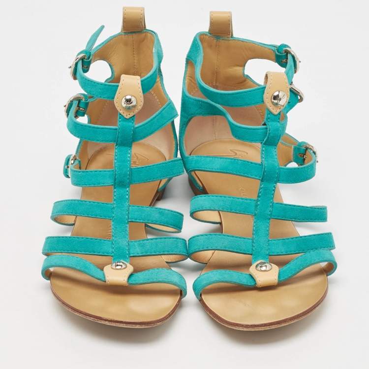 Pre Owned Giuseppe Zanotti Blue Suede Strappy Flat Slides Size 36