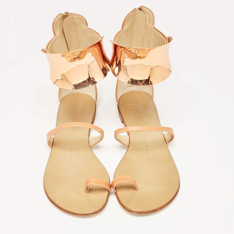Pre Owned Giuseppe Zanotti Light Brown Leather Toe Ring Ankle Wrap Sandals Size 36
