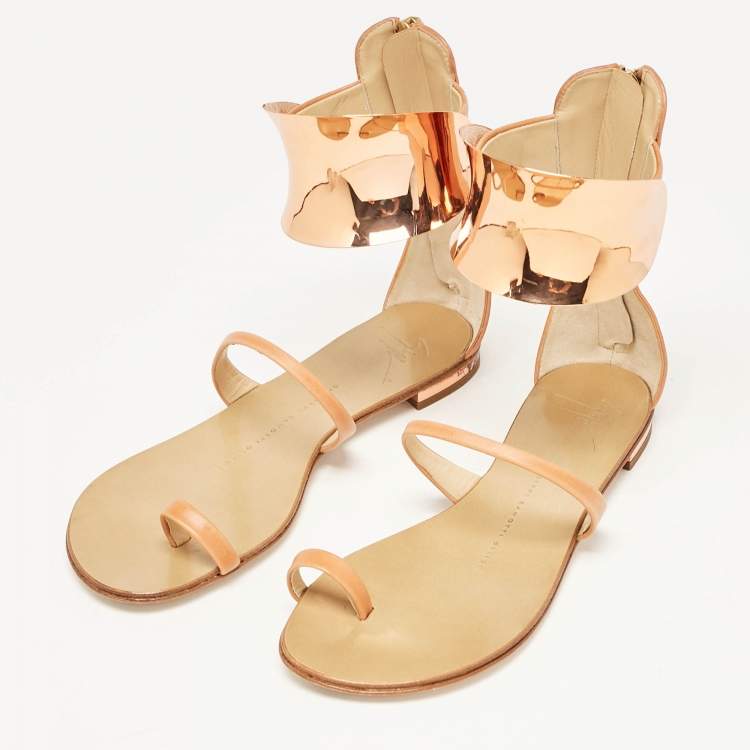 Pre Owned Giuseppe Zanotti Light Brown Leather Toe Ring Ankle Wrap Sandals Size 36