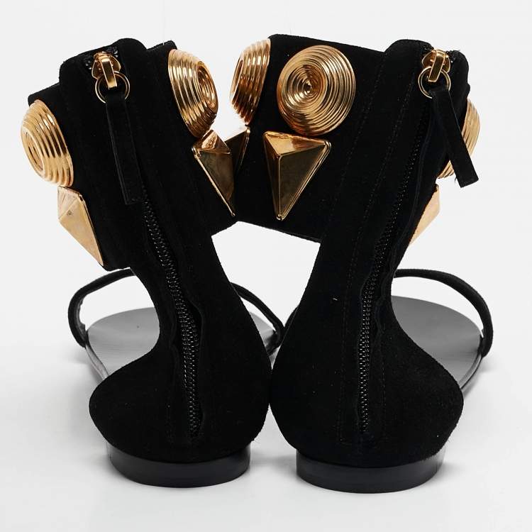 Pre Owned Giuseppe Zanotti Black Suede Crystal Embellished Ankle Strap Flat Sandals Size 36