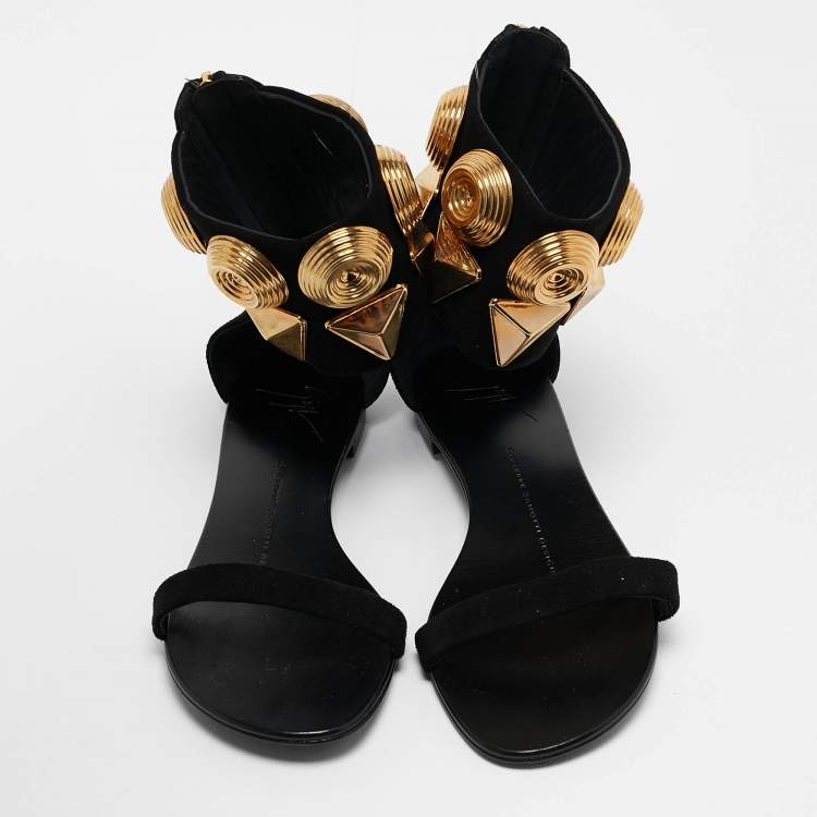 Pre Owned Giuseppe Zanotti Black Suede Crystal Embellished Ankle Strap Flat Sandals Size 36