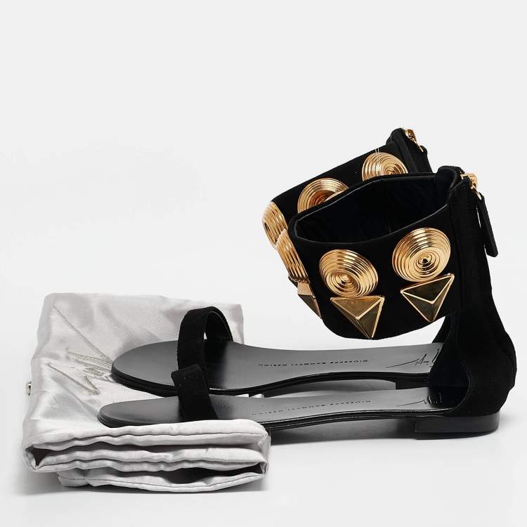 Pre Owned Giuseppe Zanotti Black Suede Crystal Embellished Ankle Strap Flat Sandals Size 36