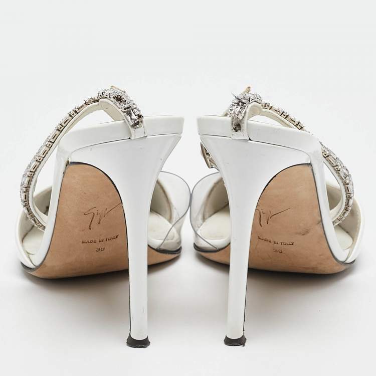 Pre Owned Giuseppe Zanotti White Patent Leather and PVC Crystal Embellished Pumps Size 38