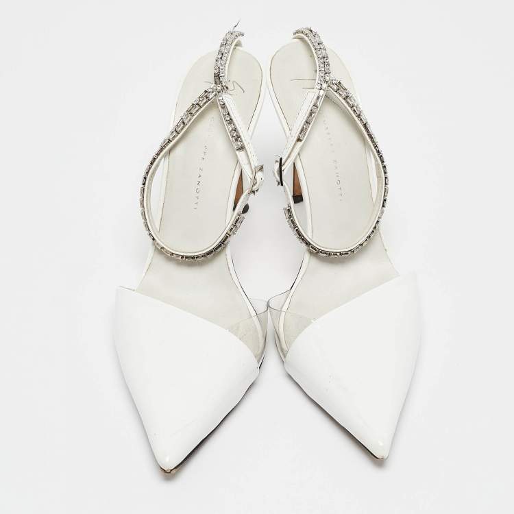 Pre Owned Giuseppe Zanotti White Patent Leather and PVC Crystal Embellished Pumps Size 38