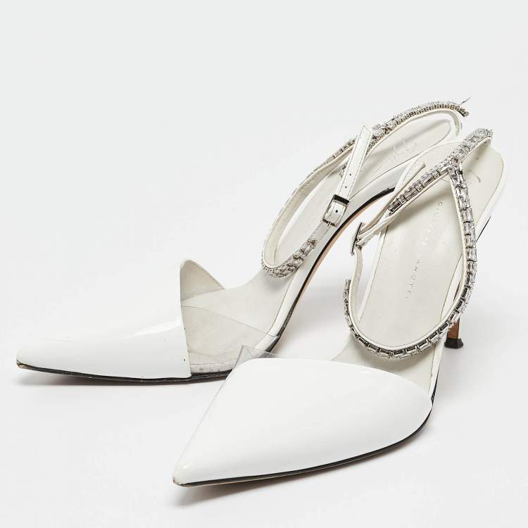 Pre Owned Giuseppe Zanotti White Patent Leather and PVC Crystal Embellished Pumps Size 38