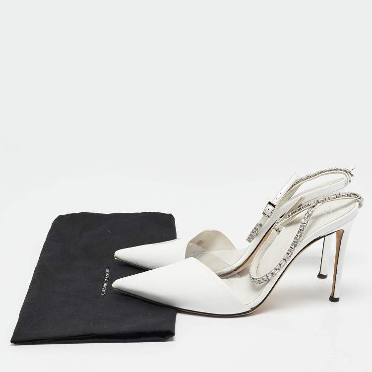 Pre Owned Giuseppe Zanotti White Patent Leather and PVC Crystal Embellished Pumps Size 38