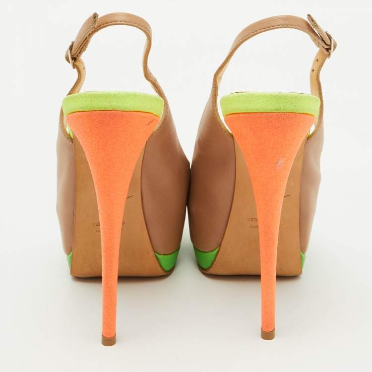 Pre Owned Giuseppe Zanotti Multicolor Leather Peep Toe Platform Slingback Pumps Size 38