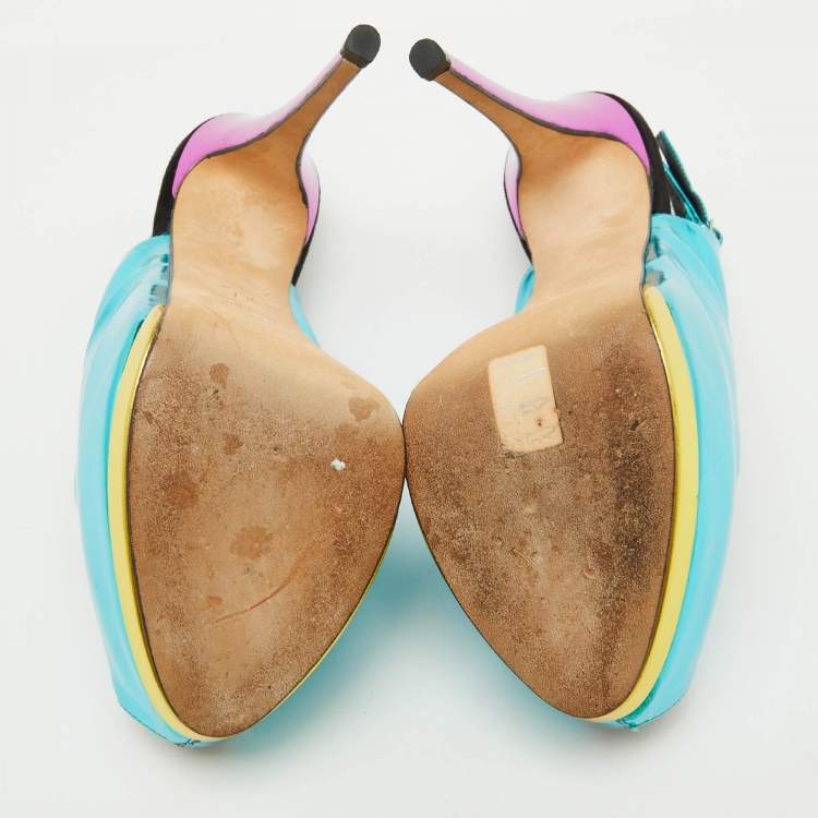 Pre Owned Giuseppe Zanotti Blue Leather Slingback Peep Toe Platform Pumps Size 39
