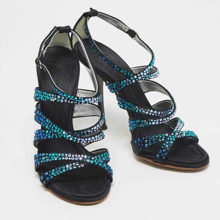 Pre Owned Giuseppe Zanotti Black Satin Crystal Embellished Ankle Strap Sandals Size 37.5