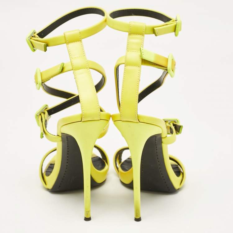 Pre Owned Giuseppe Zannotti Neon Green Leather Criss Cross Ankle Strap Sandals Size 37.5