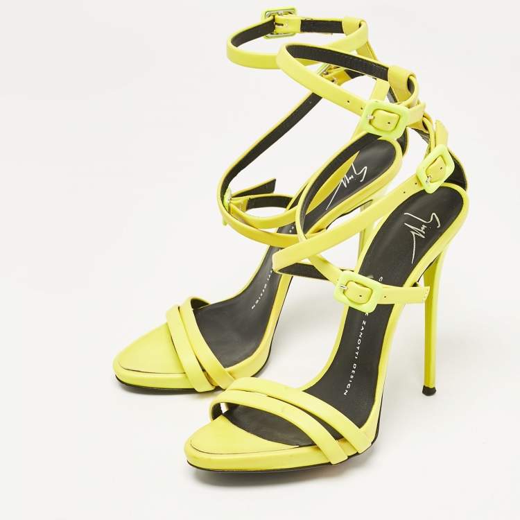 Pre Owned Giuseppe Zannotti Neon Green Leather Criss Cross Ankle Strap Sandals Size 37.5