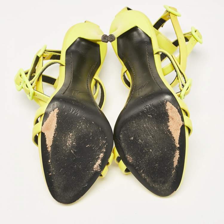 Pre Owned Giuseppe Zannotti Neon Green Leather Criss Cross Ankle Strap Sandals Size 37.5