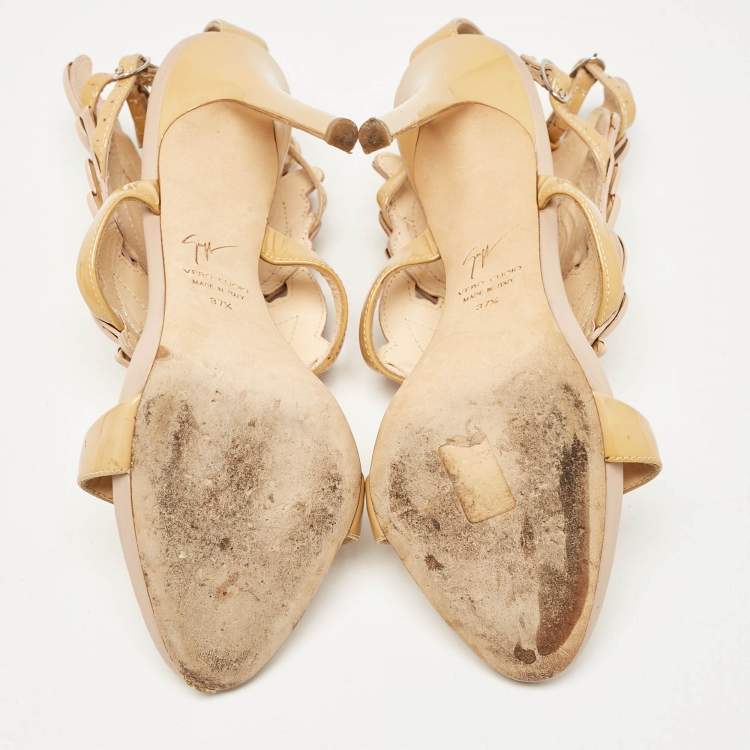 Pre Owned Giuseppe Zanotti Brown/Beige Patent Metal Cruel Ankle Strap Sandals Size 37.5
