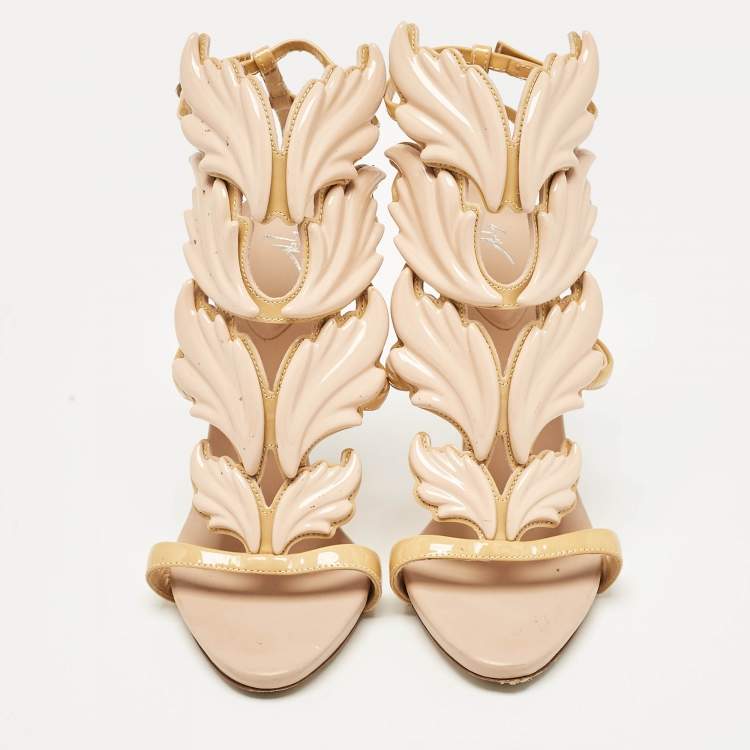 Pre Owned Giuseppe Zanotti Brown/Beige Patent Metal Cruel Ankle Strap Sandals Size 37.5