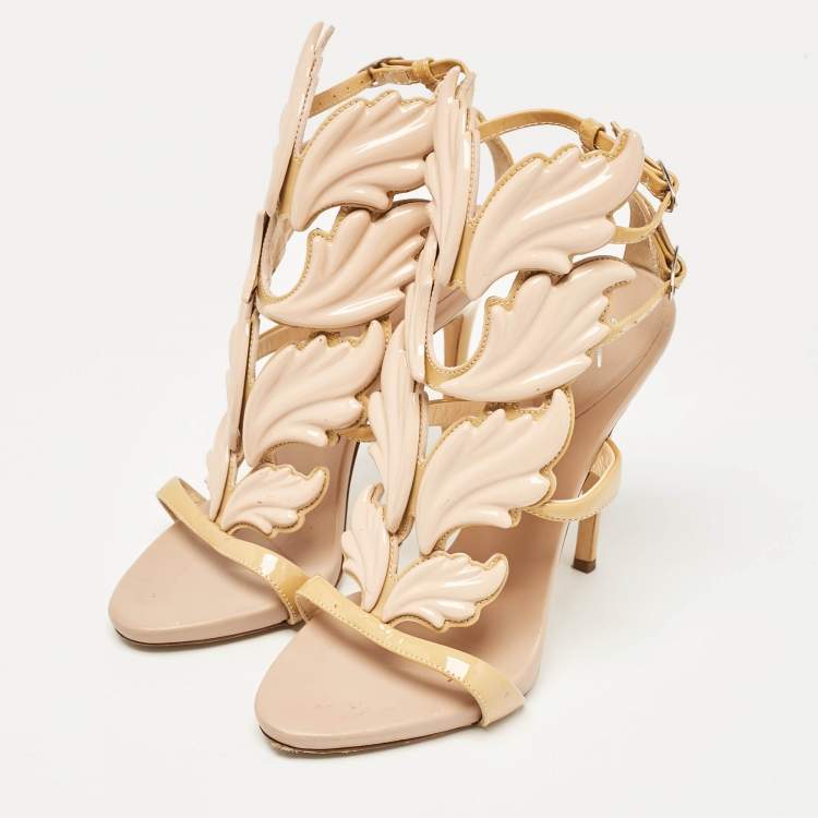 Pre Owned Giuseppe Zanotti Brown/Beige Patent Metal Cruel Ankle Strap Sandals Size 37.5