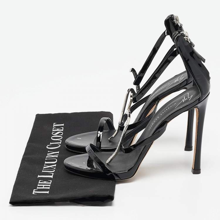 Pre Owned Giuseppe Zanotti Black Patent Leather Crystal Embellished Harmony G Sandals Size 38