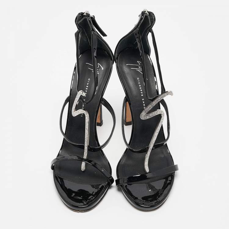 Pre Owned Giuseppe Zanotti Black Patent Leather Crystal Embellished Harmony G Sandals Size 38