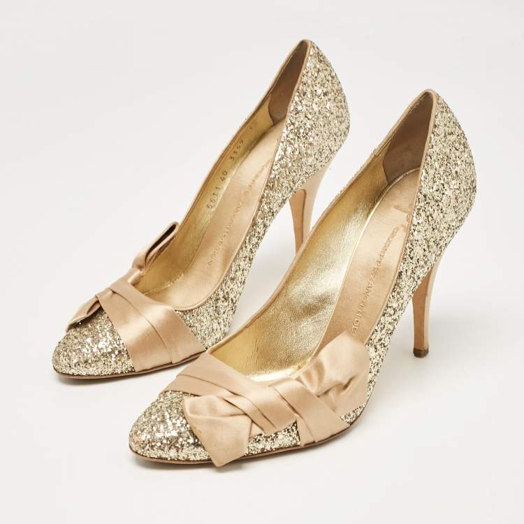 Pre Owned Giuseppe Zanotti Gold Glitter and Satin Uma Pumps Size 40