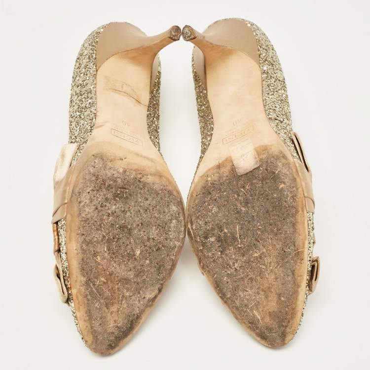 Pre Owned Giuseppe Zanotti Gold Glitter and Satin Uma Pumps Size 40
