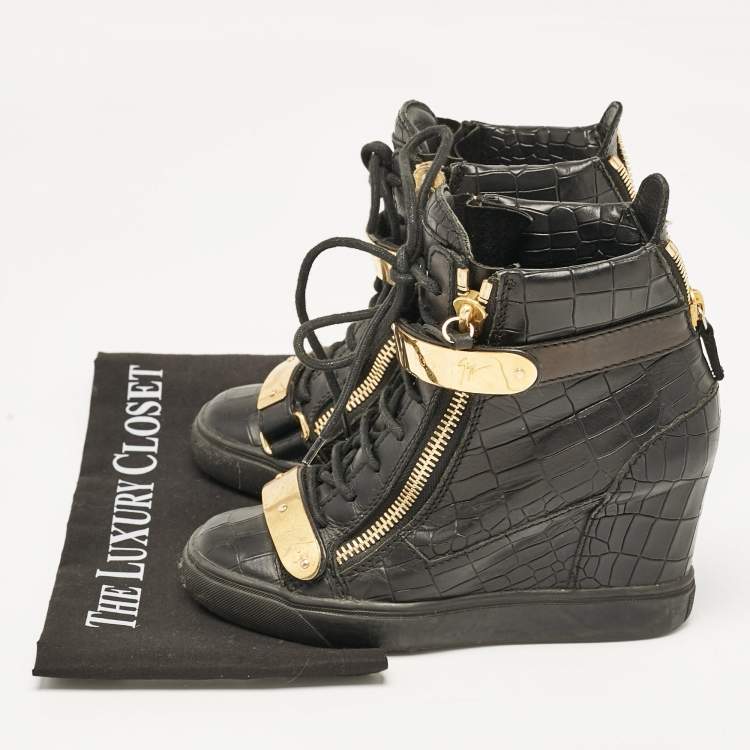Pre Owned Giuseppe Zanotti Black Croc Embossed Leather Lorenze Wedge Sneakers Size 37