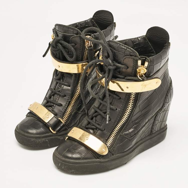 Pre Owned Giuseppe Zanotti Black Croc Embossed Leather Lorenze Wedge Sneakers Size 37