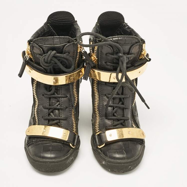 Pre Owned Giuseppe Zanotti Black Croc Embossed Leather Lorenze Wedge Sneakers Size 37