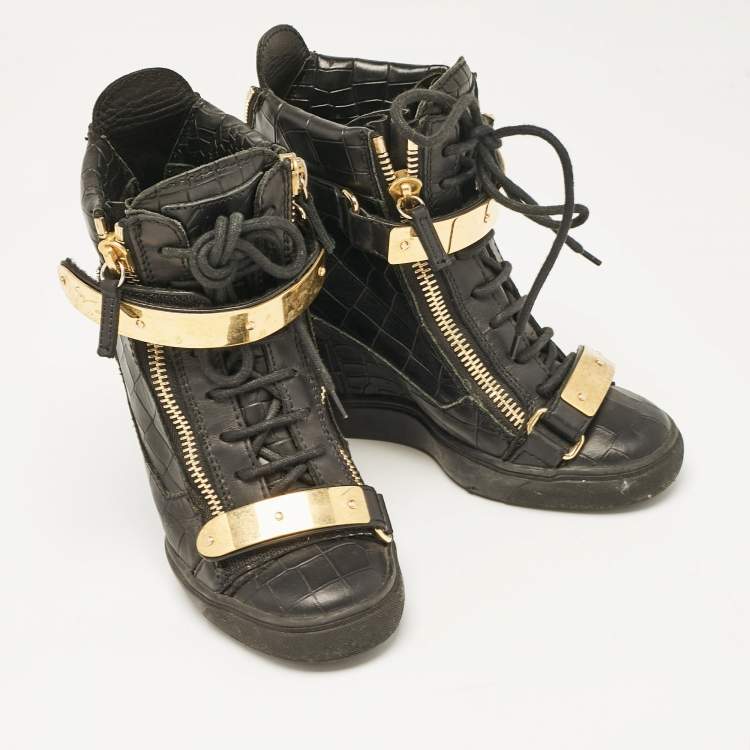 Pre Owned Giuseppe Zanotti Black Croc Embossed Leather Lorenze Wedge Sneakers Size 37