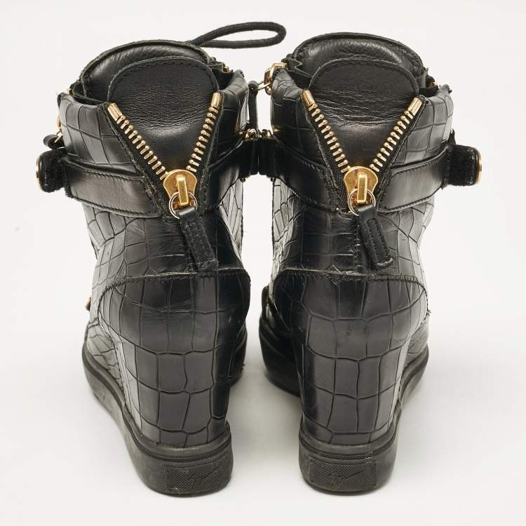 Pre Owned Giuseppe Zanotti Black Croc Embossed Leather Lorenze Wedge Sneakers Size 37