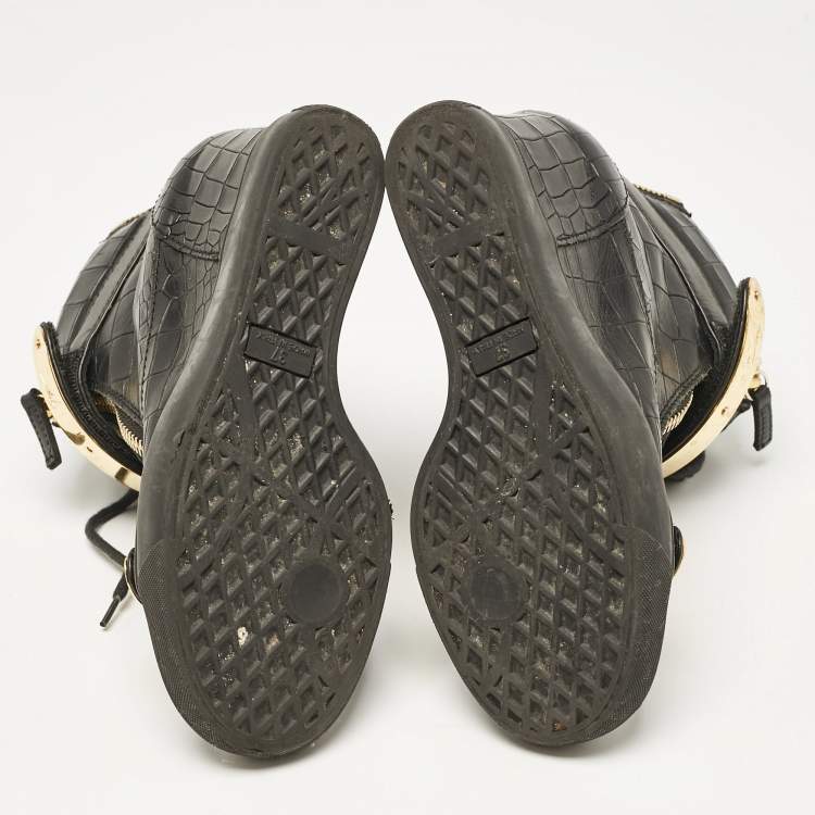 Pre Owned Giuseppe Zanotti Black Croc Embossed Leather Lorenze Wedge Sneakers Size 37